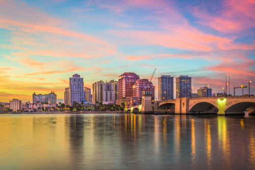 West Palm Beach, Florida, USA downtown skyline at dusk.