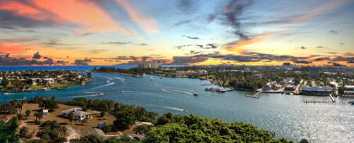 Aerial view of Loxahatchee River from the Jupiter Inlet Lighthouse in Jupiter, Florida.