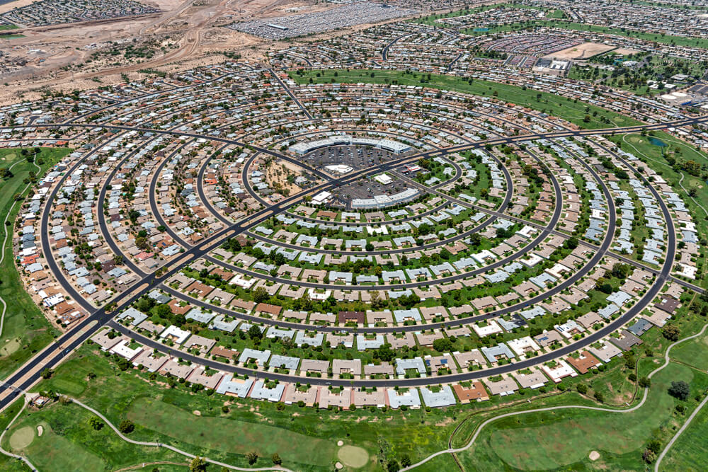 Aerial view of a homes built in a circular pattern in Sun City, Arizona