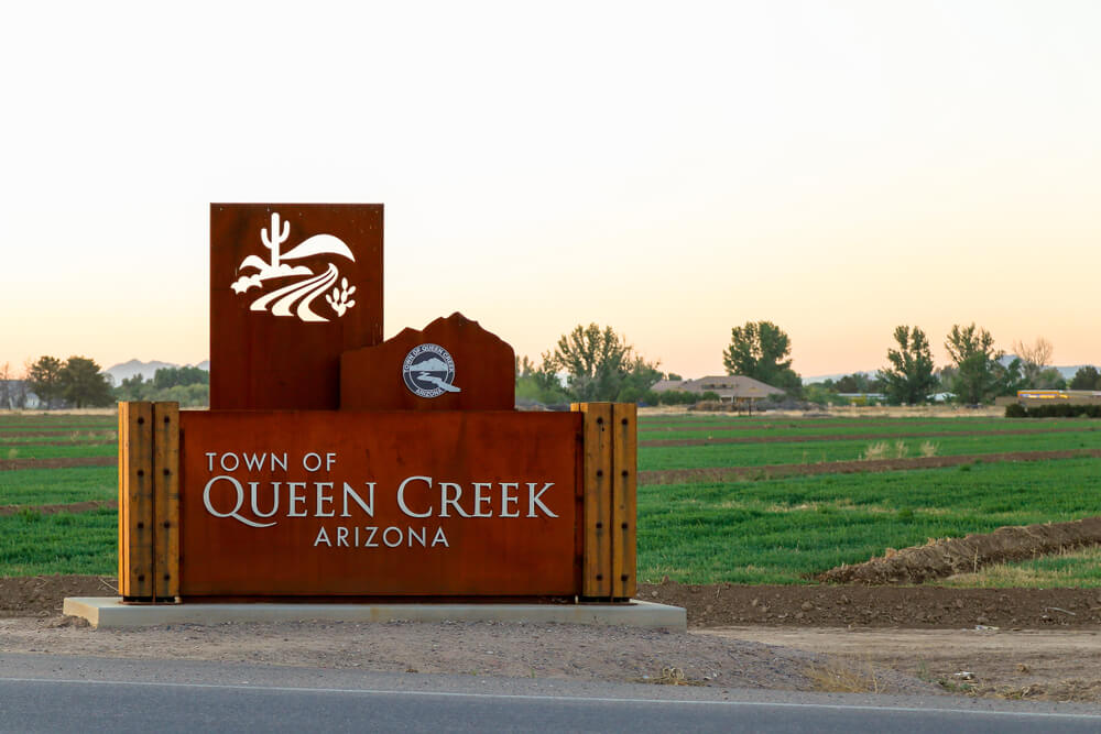 QUEEN CREEK, ARIZONA - April 21, 2019: Town of Queen Creek, Arizona sign located near the intersection of West Combs road and North Gantzel road in Queen Creek, Arizona