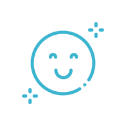 a blue icon of a smiling face with two stars around it .